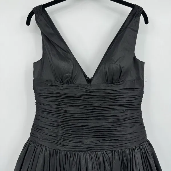 I ssue Black Ruched Taffeta Bubble Hem Dress Women 6 V Neck Y2K Cocktail Party - Image 3
