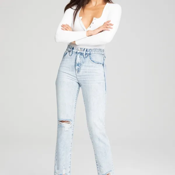 Good American Good Straight Light Wash Distressed Jeans Size 6 28 GCC00859T - Image 3