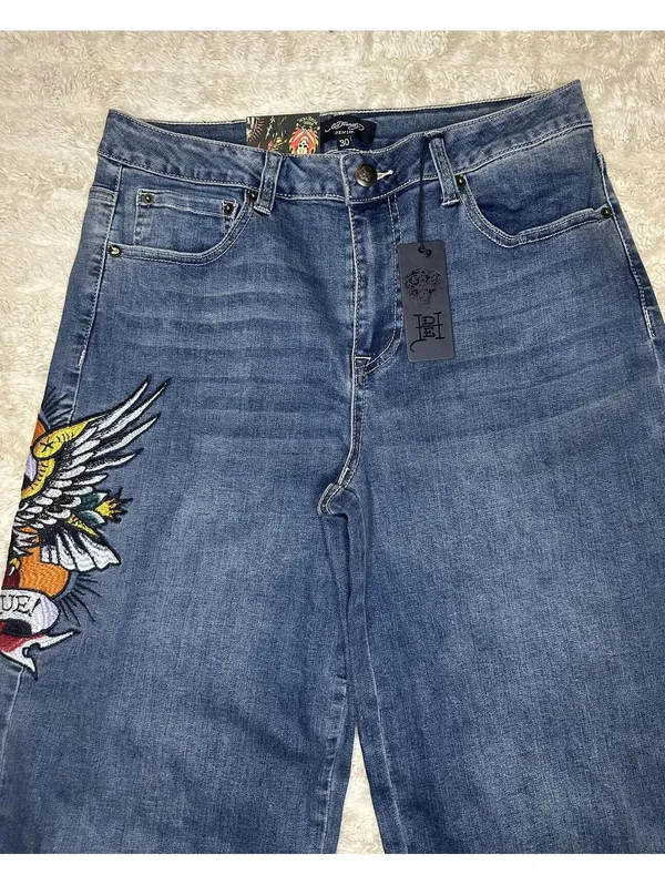 Ed Hardy medium wash embroidered eagle heart tattoo wide leg denim jeans Size 30 - Image 3