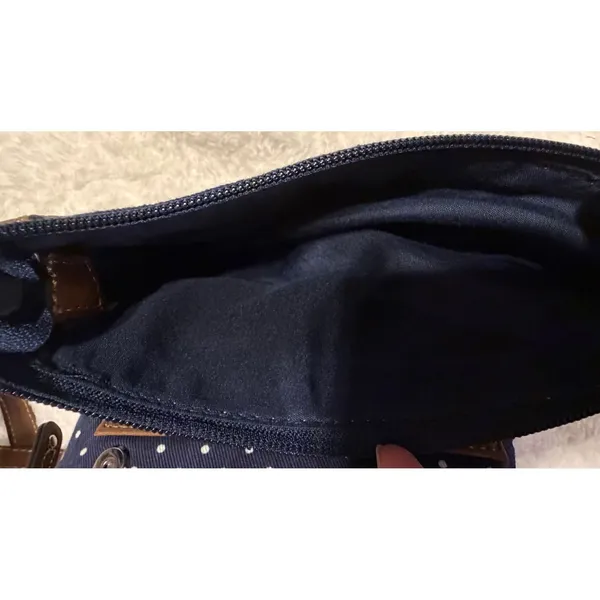 Chaps Navy Blue Polka Dot Crossbody Bag Brown Trim Canvas Small Messenger Purse - Image 11
