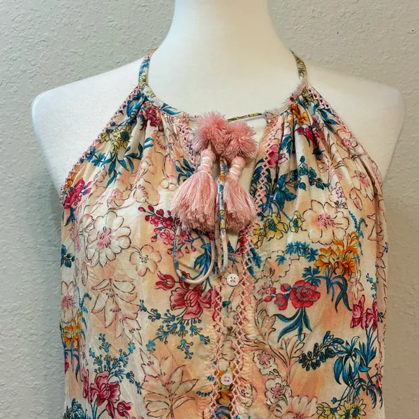 Tolani Boho Floral Halter Ruffle Mini Dress Peach Pink Tassel Smocked Waist - Image 2