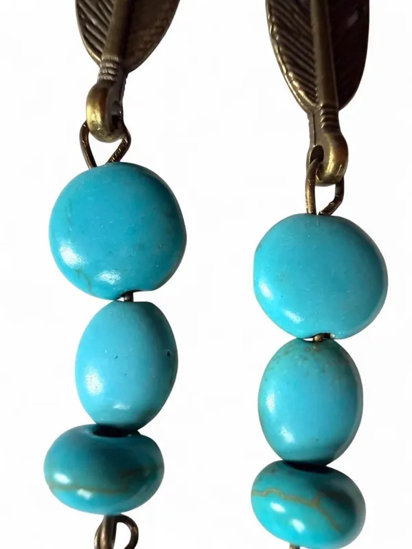 Handmade Turquoise Bead Feather Earrings Boho Western - Image 4