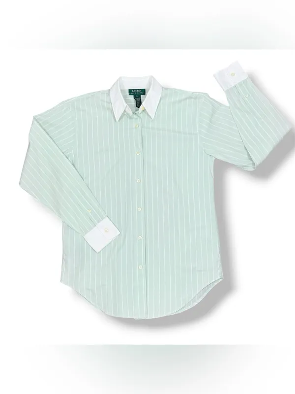 Lauren Ralph Lauren Pinstripe Button Up‎ Shirt Green White Size 6 Preppy Oxford - Image 11