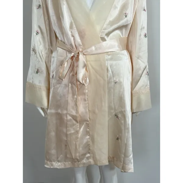 Morgan Taylor Women's Size XL Satin Cream Floral Kimono Robe Belt Embroidered - Image 5