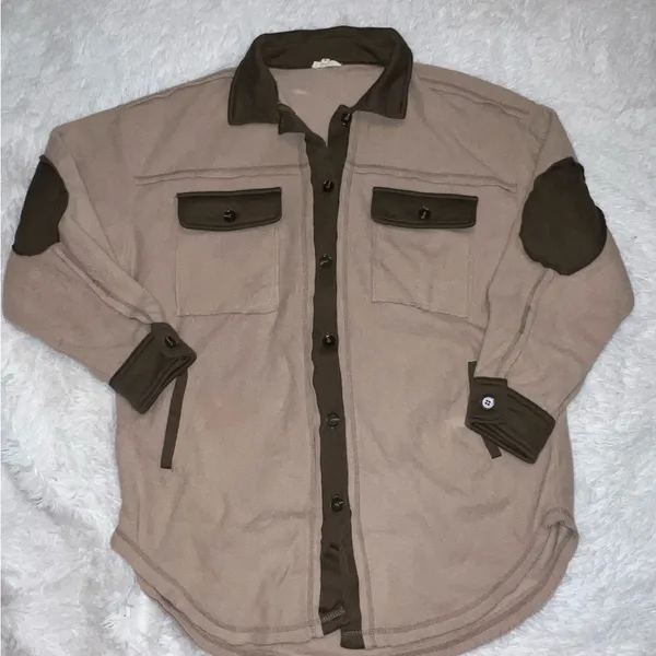 La Miel Brown & Tan Shacket Sweater Flannel Style Small oversized w/ elbow patch - Image 2