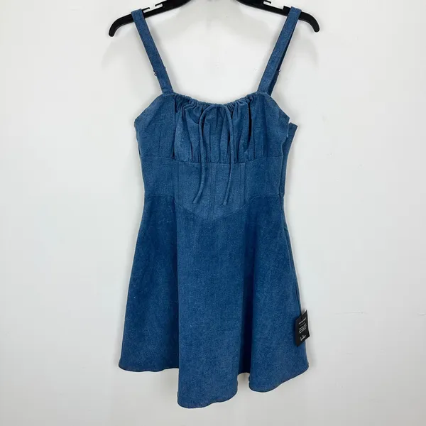 Lulus Considered Charisma Blue Chambray Bustier Mini Dress Cute A Line Large NWT - Image 5