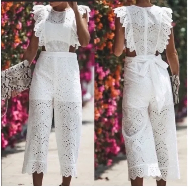 Blue Blush Eyelet Jumpsuit Cropped 100% Cotton Women S White Whimsical Girly Fun - Image 2