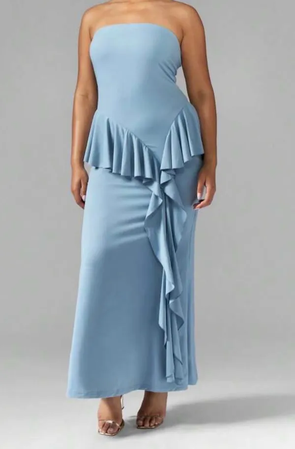 Missguided Light Blue Strapless Maxi with Ruffle Accent - Image 2