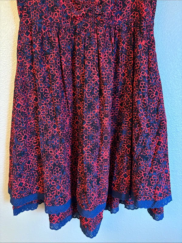 FREE PEOPLE Tabitha Smocked Mini Dress MEDIUM Red Navy Blue Floral - Image 7