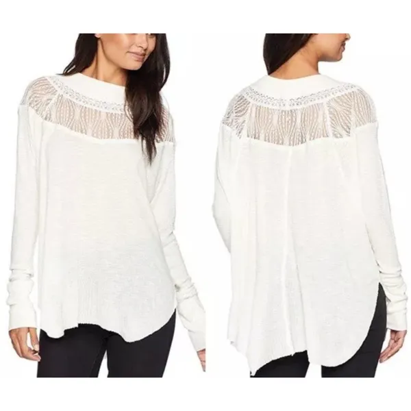 Free people Spring Valley Lace Trim Ivory Knit‎ Top Oversized Size XS - Image 2