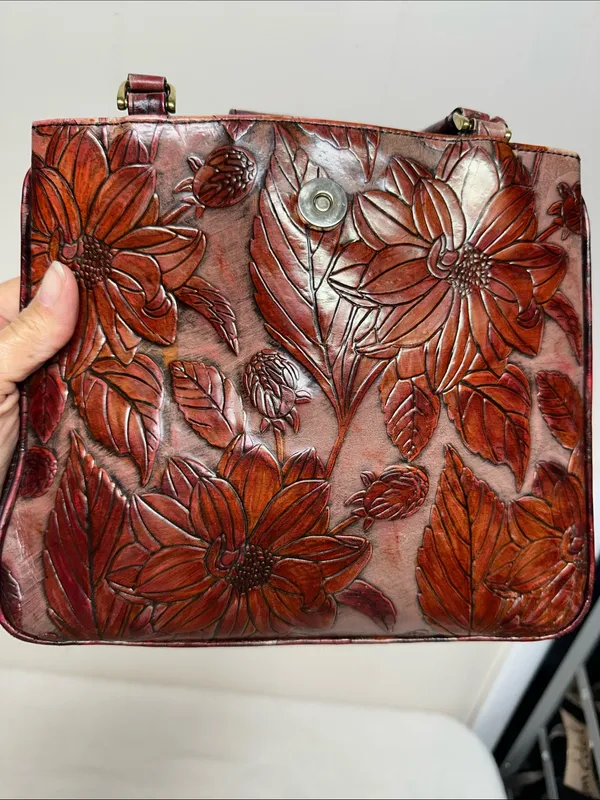 Rare vintage Embossed Brahmin Burgundy Floral Embossed Leather Satchel - Image 11