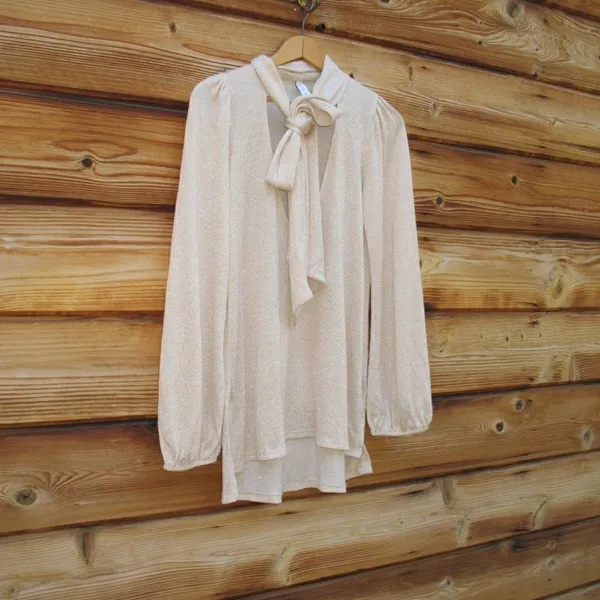 Revolve X Rachel Pally Gold Lurex Scarf Tie Neck Sweater - Image 3