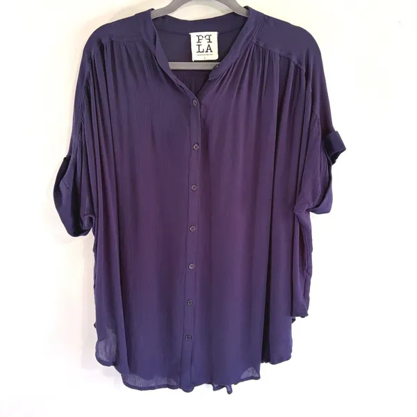 PPLA Purple Crepe Oversized Button Down‎ Blouse Short Sleeve Large Flowy Boho - Image 2