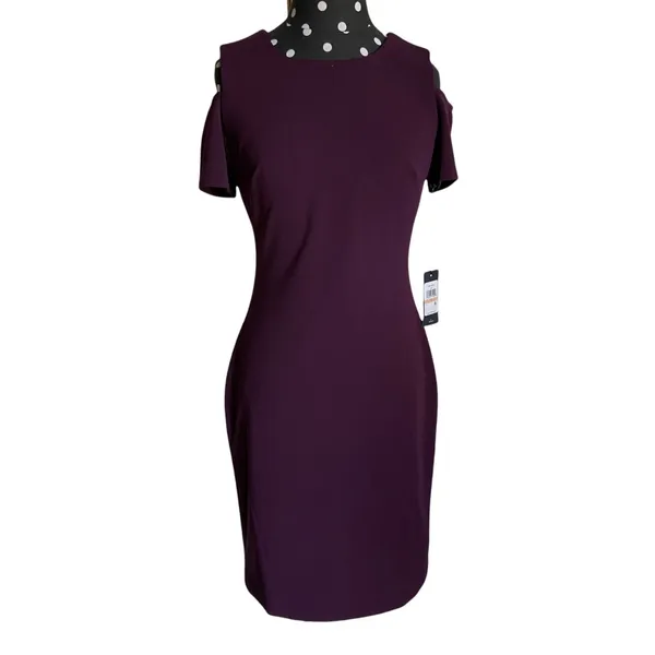 Tommy Hilfiger Womens Dress Size 2 Aubergine‎ Plum Cold Shoulder Woven Shift NEW - Image 2