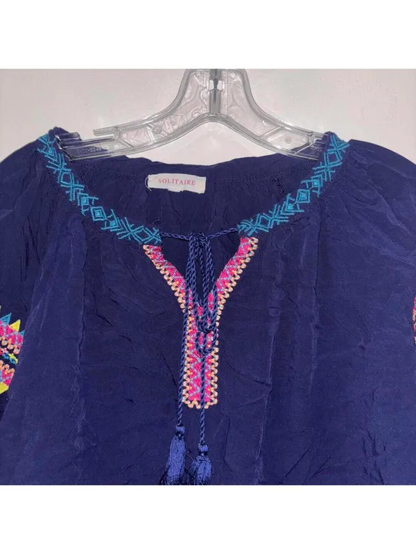 Solitaire Blue V Neck Boho Floral Embroidered Long Sleeve Blouse Tunic - Image 2