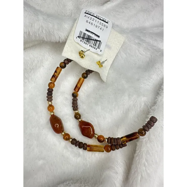 NEW Free People Beaded Hoop Earrings Set Brown Gold Tone Bohemian Beads Chic - Image 3