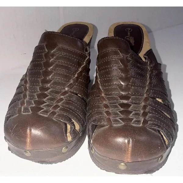 Route 66 Y2K 2000s‎ Platform Chunky Brown Faux Leather Strappy Heel Mules Clogs - Image 4