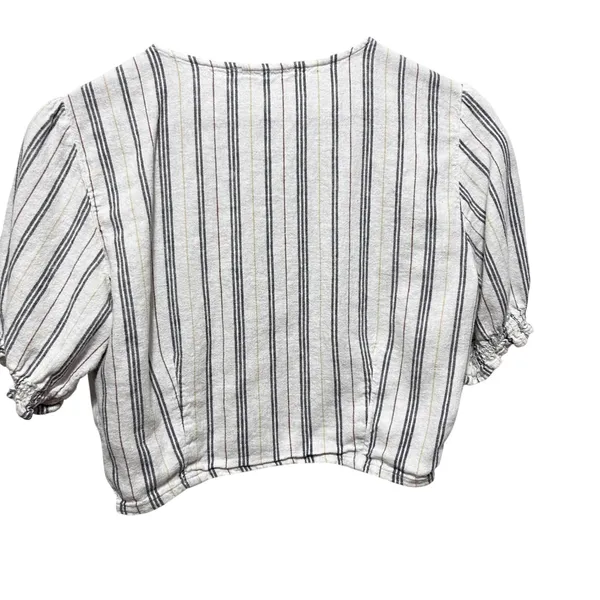 Abercrombie Women Cottagecore Coastal Tie Front Crop Top L White Striped Linen - Image 2