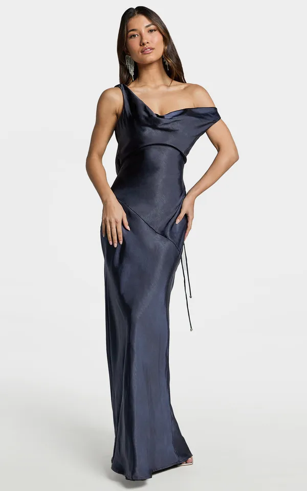New Showpo Adilah Maxi Dress Cowl Neck Satin Dress In Navy Size Small MSRP $129 - Image 4