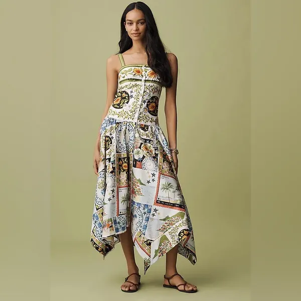 Farm Rio Multicolor Latin Trip Scarves Organic Cotton Midi Dress S - Image 11