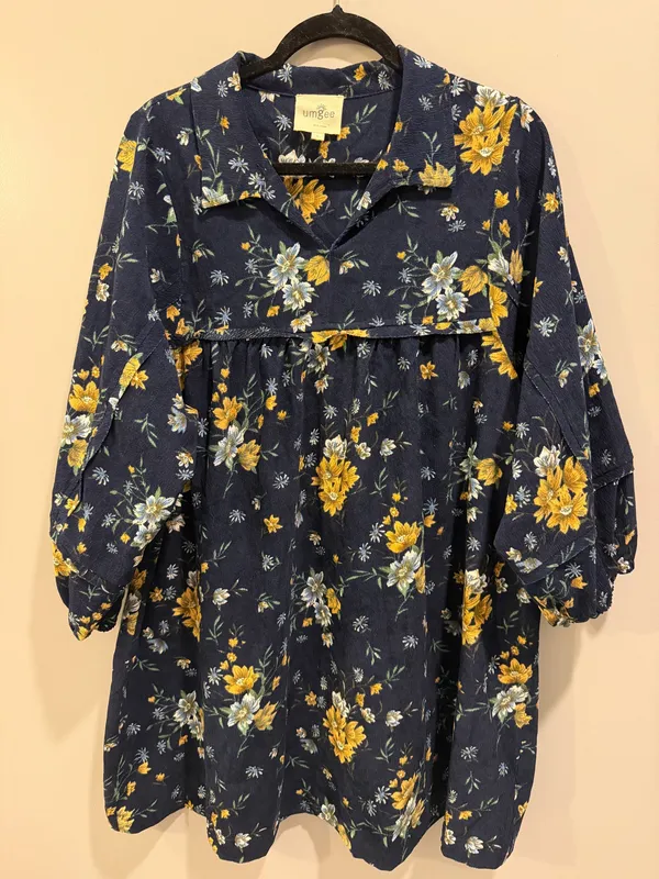 Umgee Floral Detail Collared V-Neck Corduroy Balloon Sleeve Dress Navy - Image 3