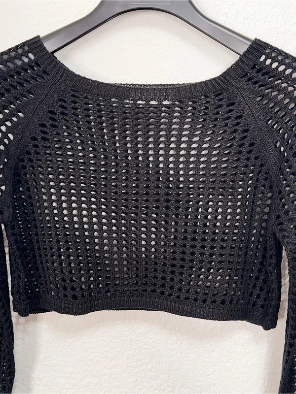 Zenana Black Open Knit Crochet Long Sleeve Cropped Bolero Shrug Top - Image 3