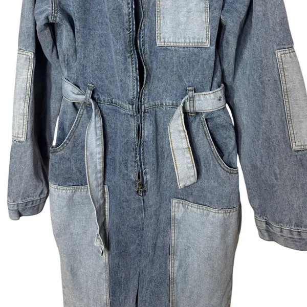 PrettyLittleThing Womens Patchwork Denim Jumpsuit Blue‎ Long Sleeve Size 10 - Image 5