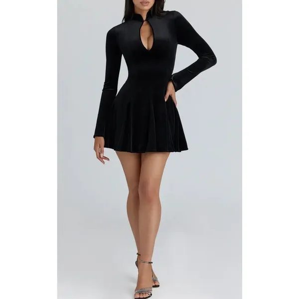 House of C.B Velvet Keyhole Mini Dress Fit N Flare Stella Size XS Black - Image 7