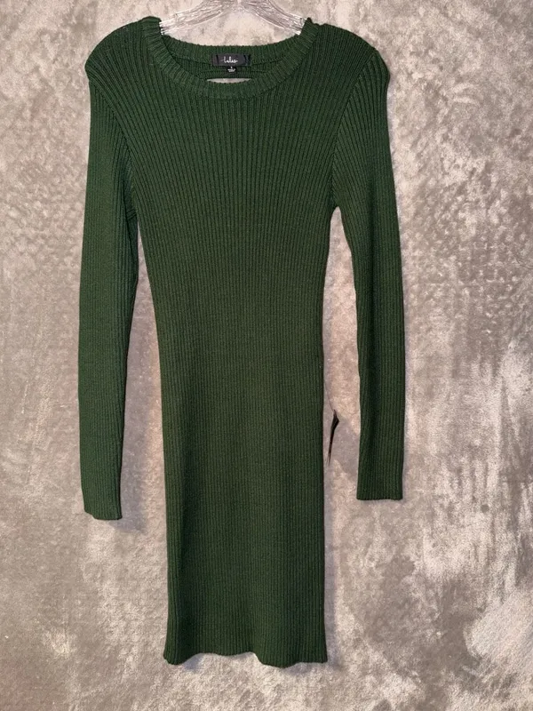 Lulus Dark Green Ribbed Knit Long Sleeve Open Back Bodycon Mini Sweater Dress - Image 3
