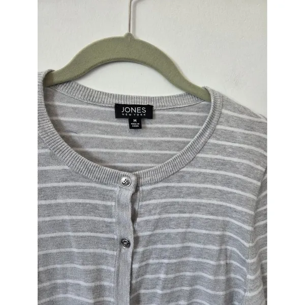 Jones New York Gray Striped Cardigan Sweater Gold Buttons Preppy Old Money M - Image 3