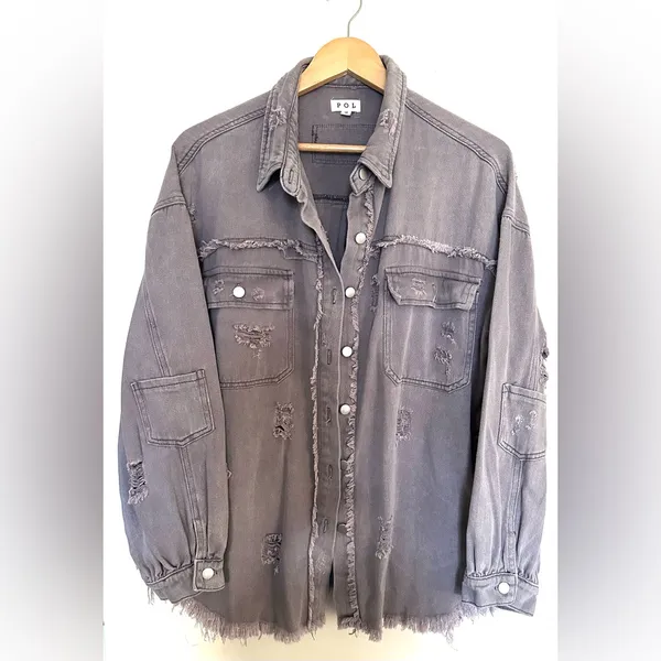 POL Women's Charcoal Distressed Fade Raw Jean Jacket Sz‎ Small Oversized Fit - Image 3
