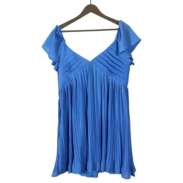 Lulus Pleated Tiered V-Neck Mini Dress Blue Flutter Sleeve Cocktail Size L - Image 5