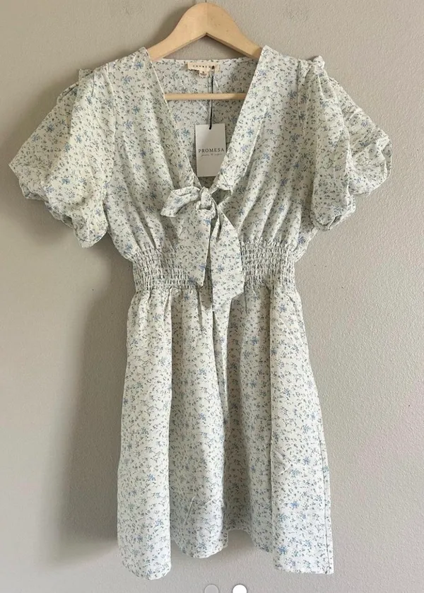 Nantucket Tie-Front Mini Dress Puff Sleeve - Cream Floral Small NWT I-14 - Image 2