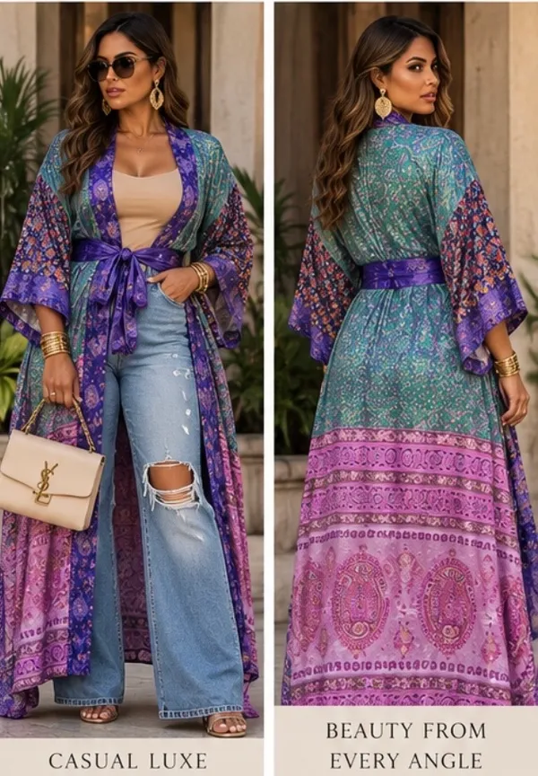 Indian silk Sari Kimono Robe Purple - Image 4
