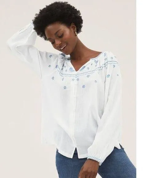 Marks & Spencer Pure Cotton Semi Sheer Embroidered Crinkle Long Sleeve Blouse 1X - Image 2