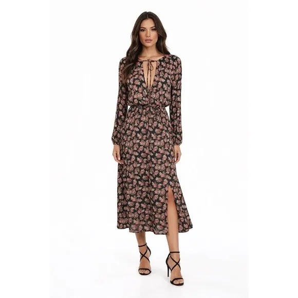 Reformation Floral Midi Dress Tie Neck Long‎ Sleeve Slit Black Size 0 - Image 12