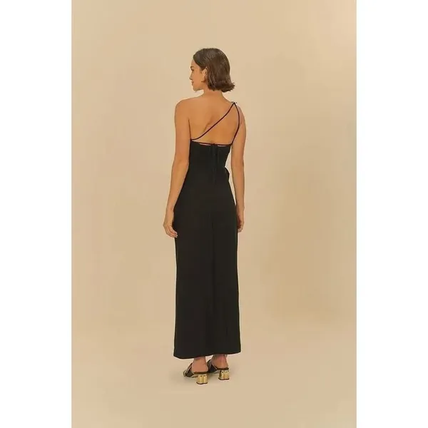 NWOT Farm Rio Linen Blend Black One Shoulder Bow Smocked Wrap Maxi Dress Sz M - Image 3