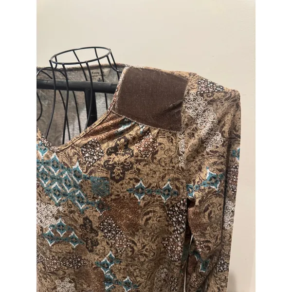 Krazy Kat Brown Teal Paisley Print Velvet Shoulder Tunic Top Women’s Medium - Image 5