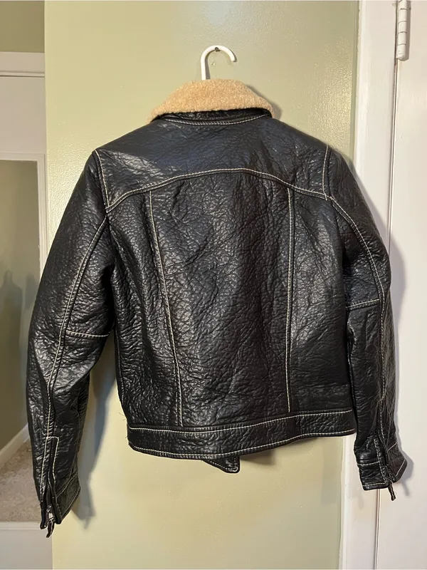 Studio M Women’s Size XS Faux Leather Jacket Black Sherpa Textured Wool Trim - Image 7