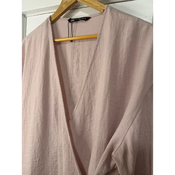 Zara Women Blush Pink Linen Blend Wrap Top Long Sleeve Kimono Style NWOT Medium - Image 5
