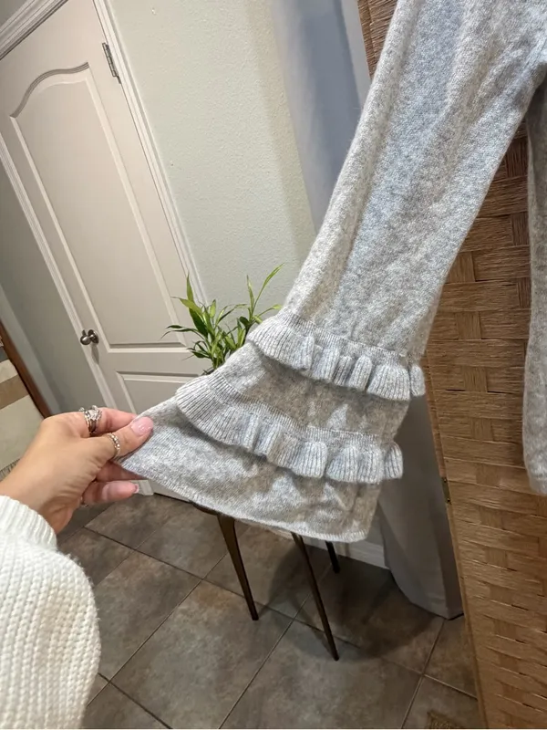 CHARTER CLUB Pure Cashmere Double-Ruffle Sweater Gray Large Minimalist Luxury - Image 5
