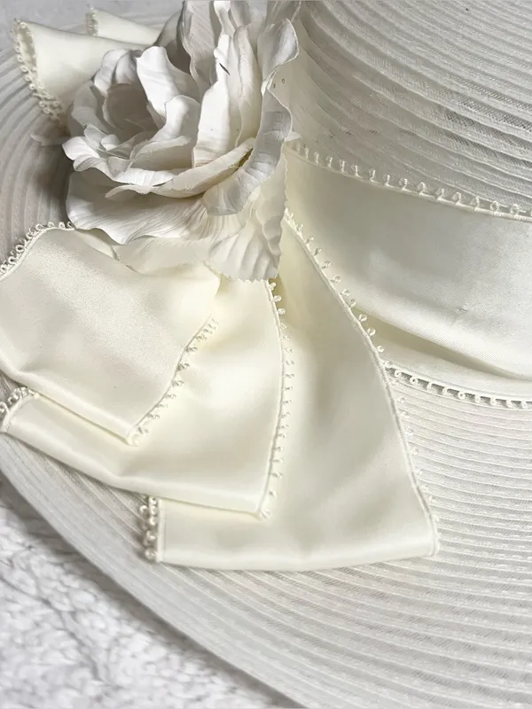 American Vintage Vintage Ivory White Wide Brim Floral Fascinator Derby Hat Wedding Church Bride - Image 6