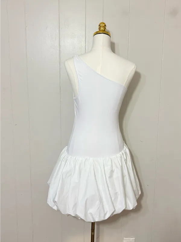 COMMENSE One Shoulder Ribbed Bodice Bubble Mini Dress White Size S NWT - Image 6