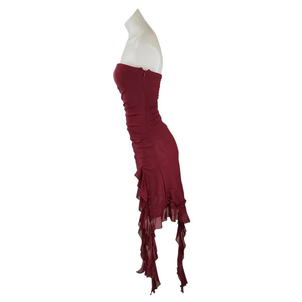 NEW Selfie Leslie After Party Sangria Red Strapless Tube Ruffle Mini Dress Sz S - Image 3