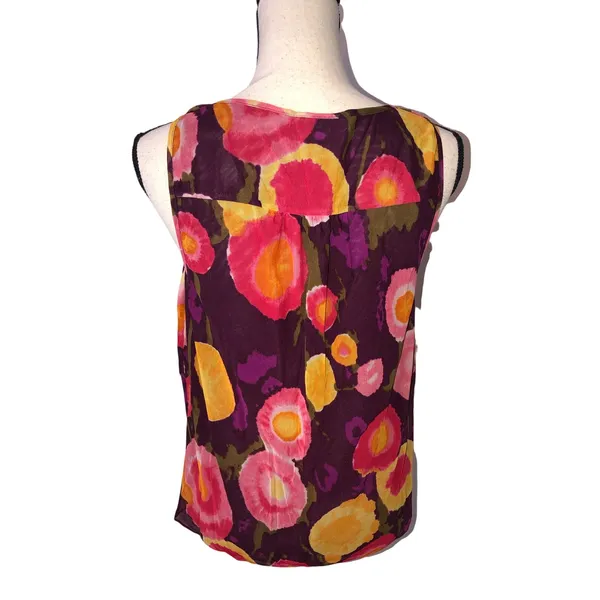 August Silk Mesh Top Size L Abstract Floral Red Purple Y2K Buttons Tank Babydoll Flowy Cool - Image 3
