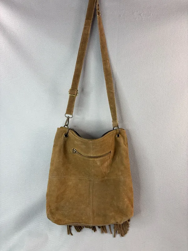 EARTHBOUND Hippie Boho Tan Suede Fringe Hobo Crossbody - Image 3