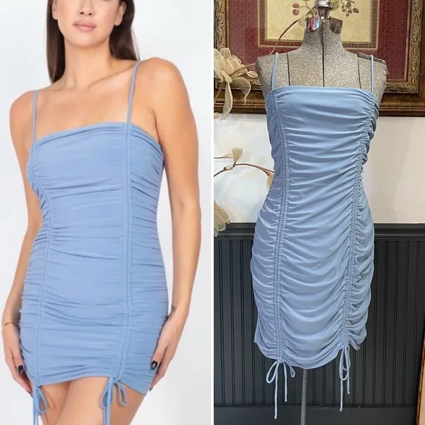 IRIS Ruched Adjustable Baby Blue Spaghetti Strap Mini Dress - Sz 1X 💛🎀 - Image 2