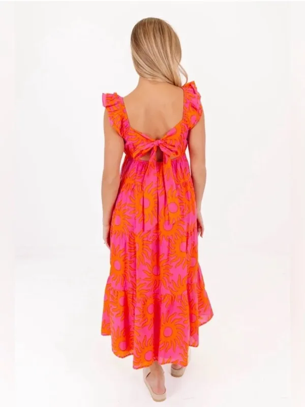 NWT J.Marie Mara Ruffle Sleeve Sunshine‎ Print Pink Boho Tie Back Midi Dress - Image 3