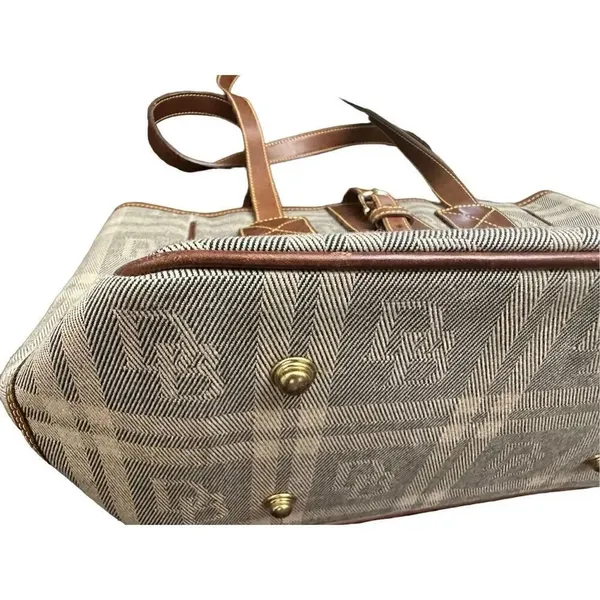 Vintage Dooney & Bourke Brown Tan Plaid Leather Trim Womens Purse Tote Bag - Image 4