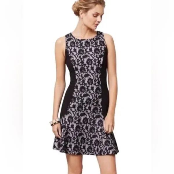 Maeve x Anthropologie Sirena Lilac & Black Lace‎ Fit & Flare Ruffle Dress Medium - Image 2
